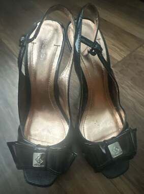 BCBGeneration Black Patent Bow Peep Toe Slingback Heels